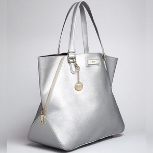 DKNY Saffiano Tote Bag Silver Gold Large Used